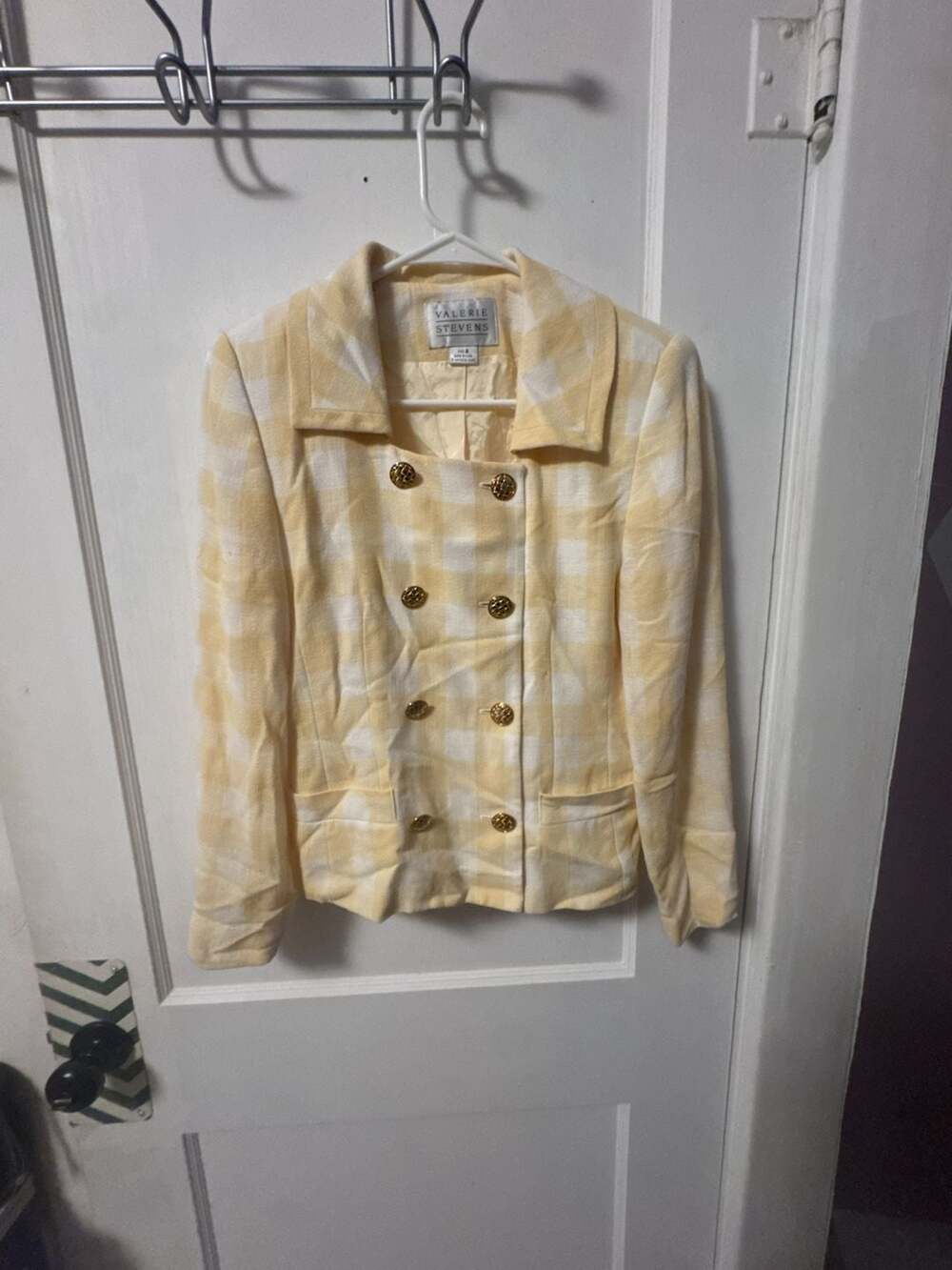 Valerie Stevens Jacket Size 4 Yellow White Gingham Double Breasted